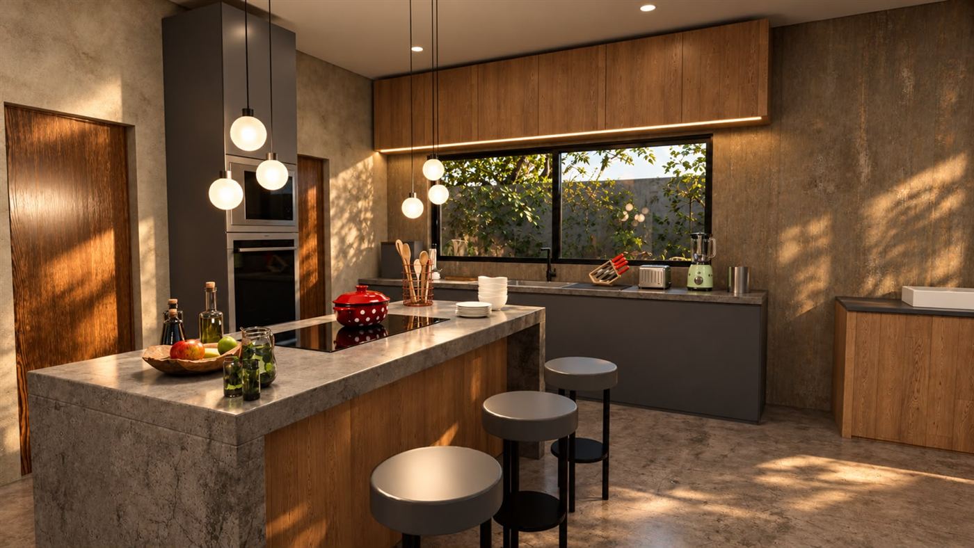 Cozinha com ilha de concreto