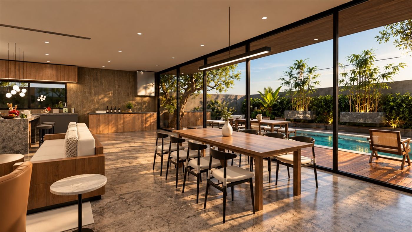 Sala de jantar com vista para a piscina